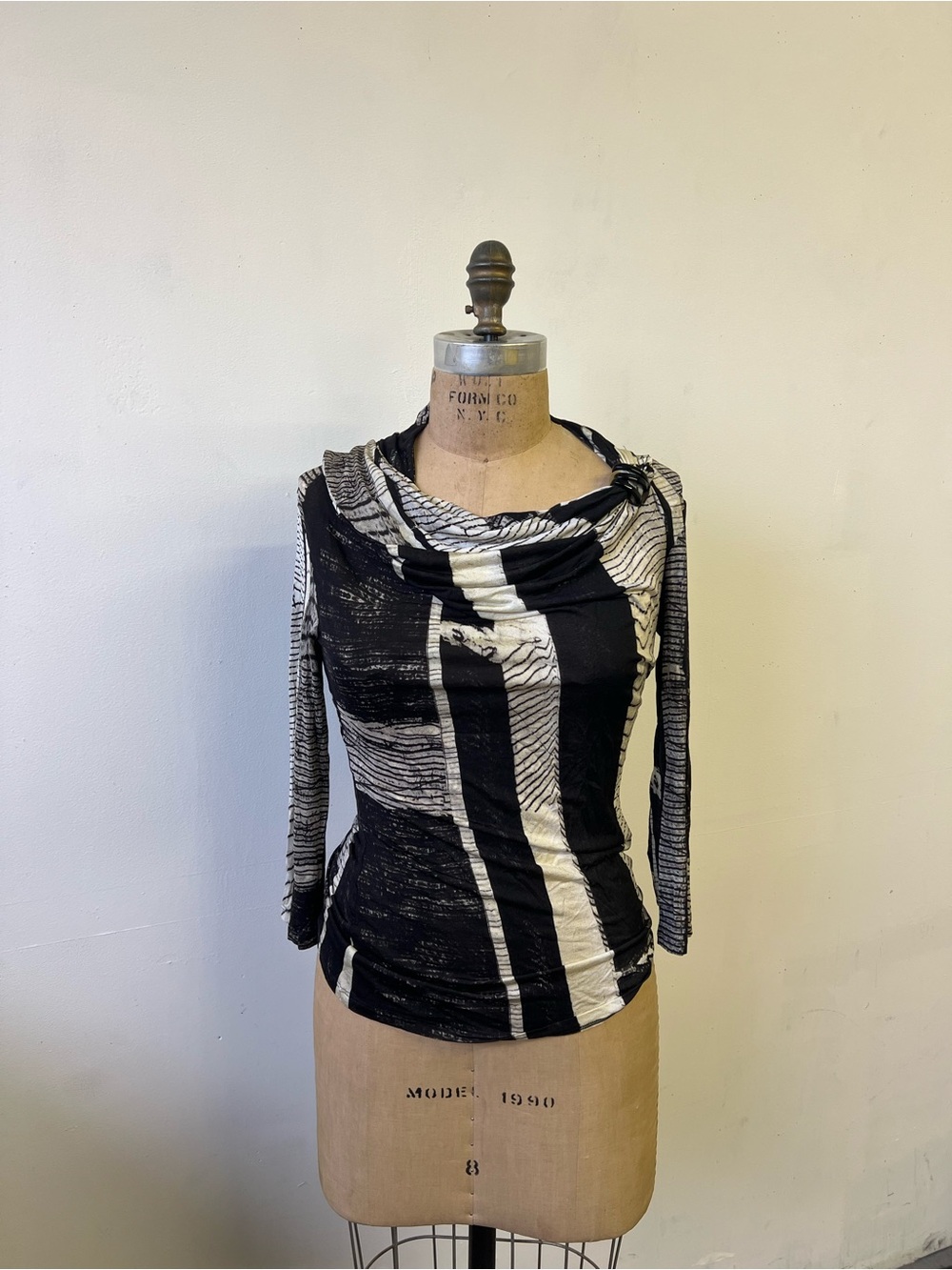 MaxMara Black and White Striped Cowl Neck Long Sleeve Top